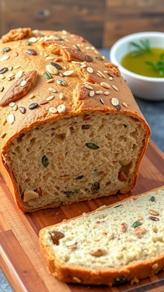 A golden brown loaf of 7 grain bread sliced to show its texture, on a wooden cutting board with olive oil in the background.